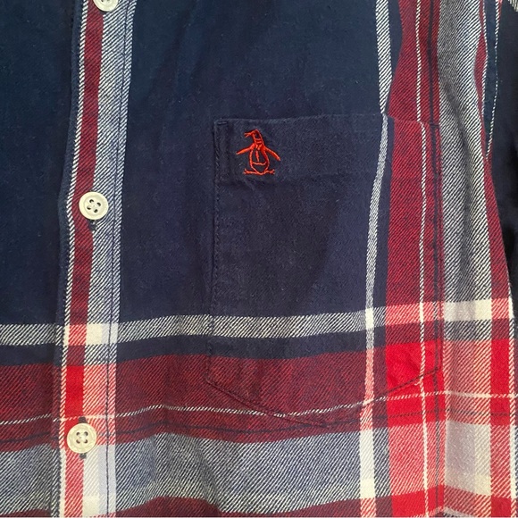 Men’s size large plaid Penguin button up shirt flannel slim fit blue white red - Picture 3 of 5